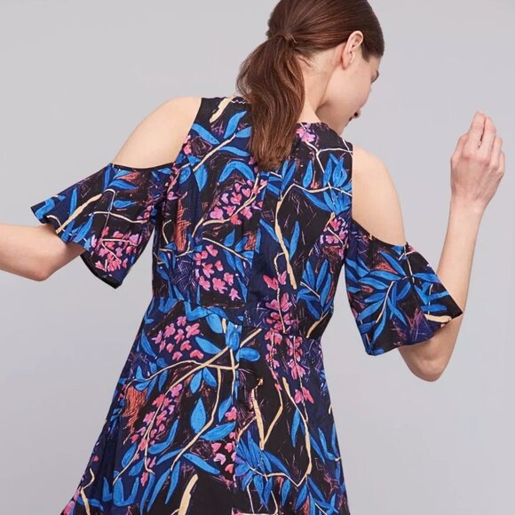 Anthropologie Maeve Elia Open Shoulder Navy Blue Floral Ruffle Sleeve Mini Dress - Picture 5 of 16